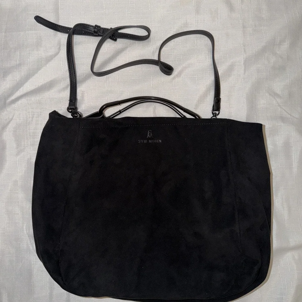 Steve Madden Black Hobo Slouch Shoulder Crossbody Bag Purse Modern Faux Suede